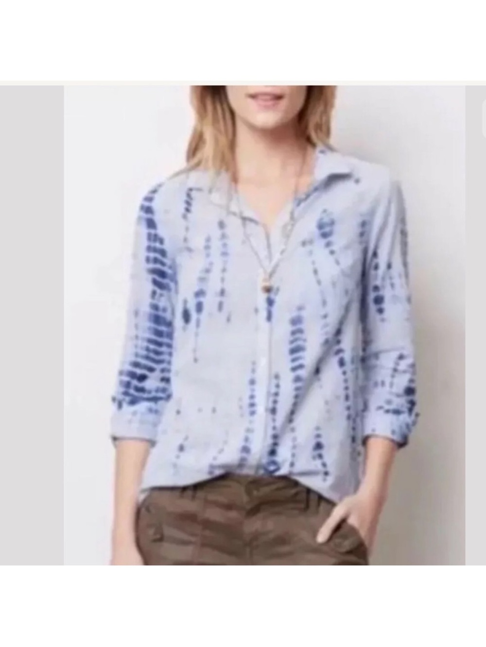 Anthropologie Hei Hei Blue White Stripe Blotch Print Cotton Button-Up Shirt Size